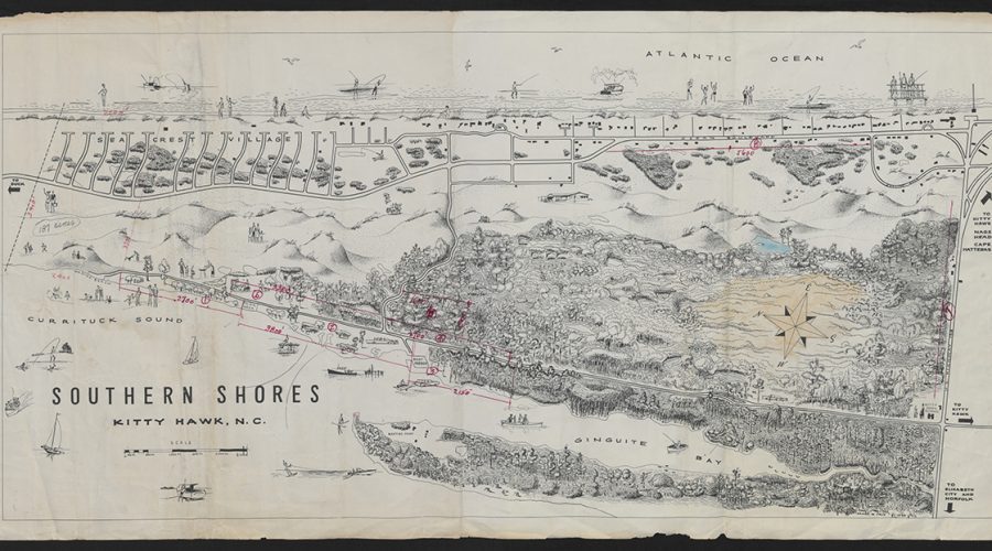 Map of the Southern Shores development in Kitty Hawk created by James W. Pace and dated 1959 courtesy of the Maud Hayes Stick Collection at the Outer Banks History Center/North Carolina State Archives.