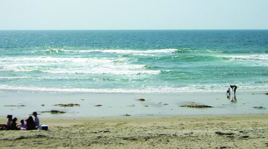 This National Weather Service photo shows a narrow, darker gap between areas of breaking waves, noting that can signal a rip current location.